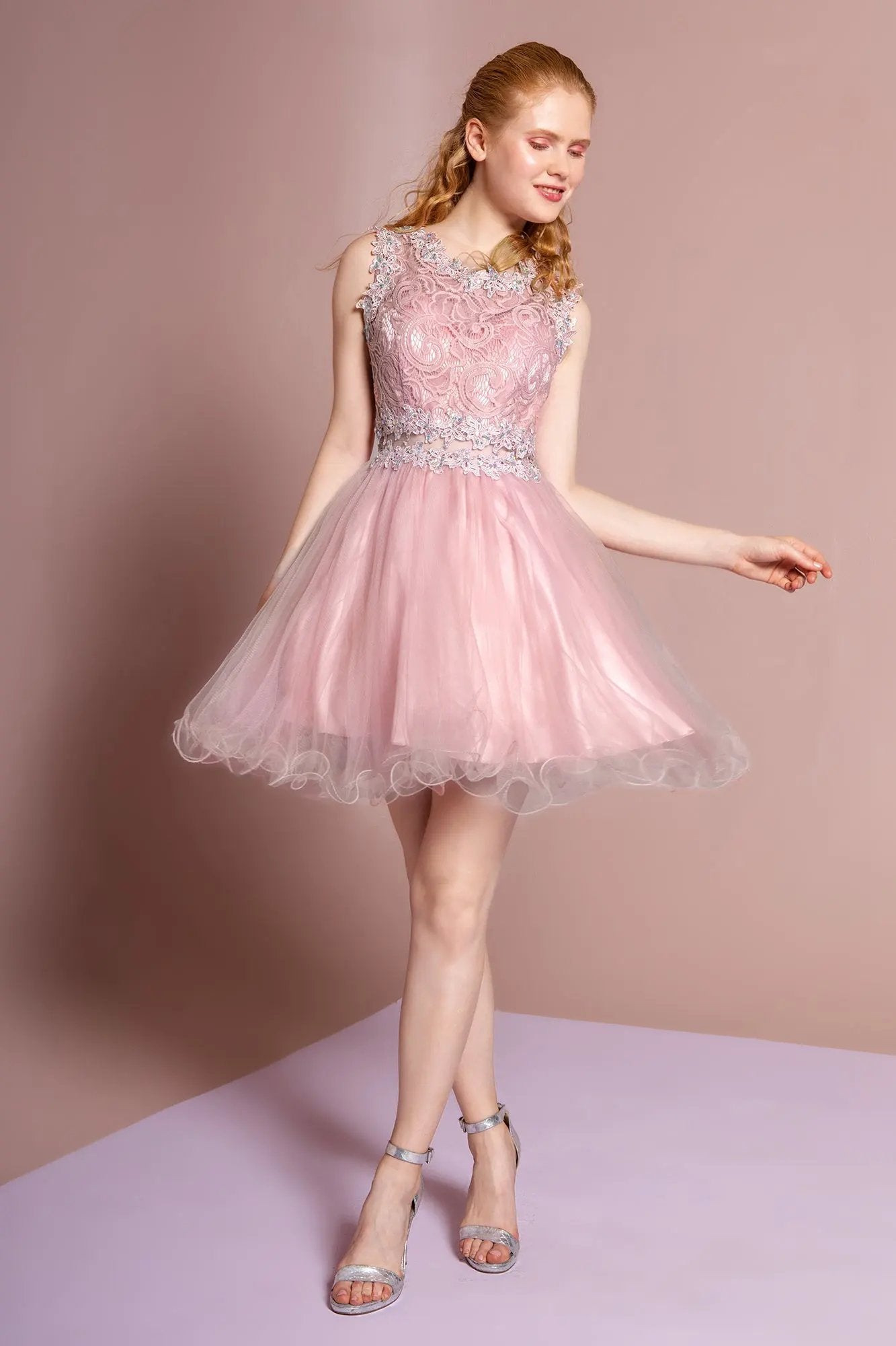 Sleeveless Short Dress with Lace Bodice and Sheer Waistline by Tux-USA