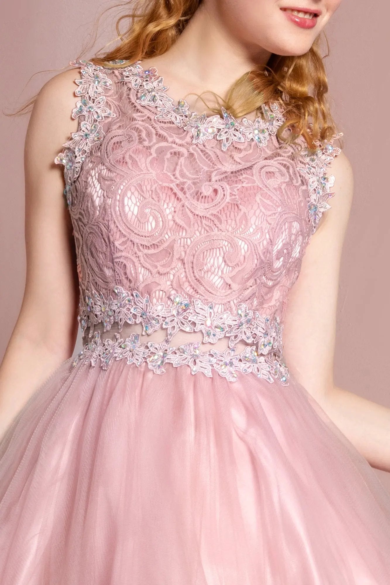 Sleeveless Short Dress with Lace Bodice and Sheer Waistline by Tux-USA