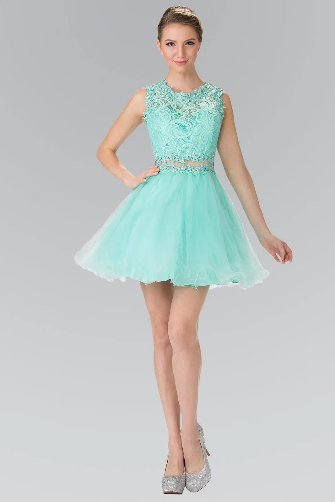 Sleeveless Short Dress with Lace Bodice and Sheer Waistline by Tux-USA