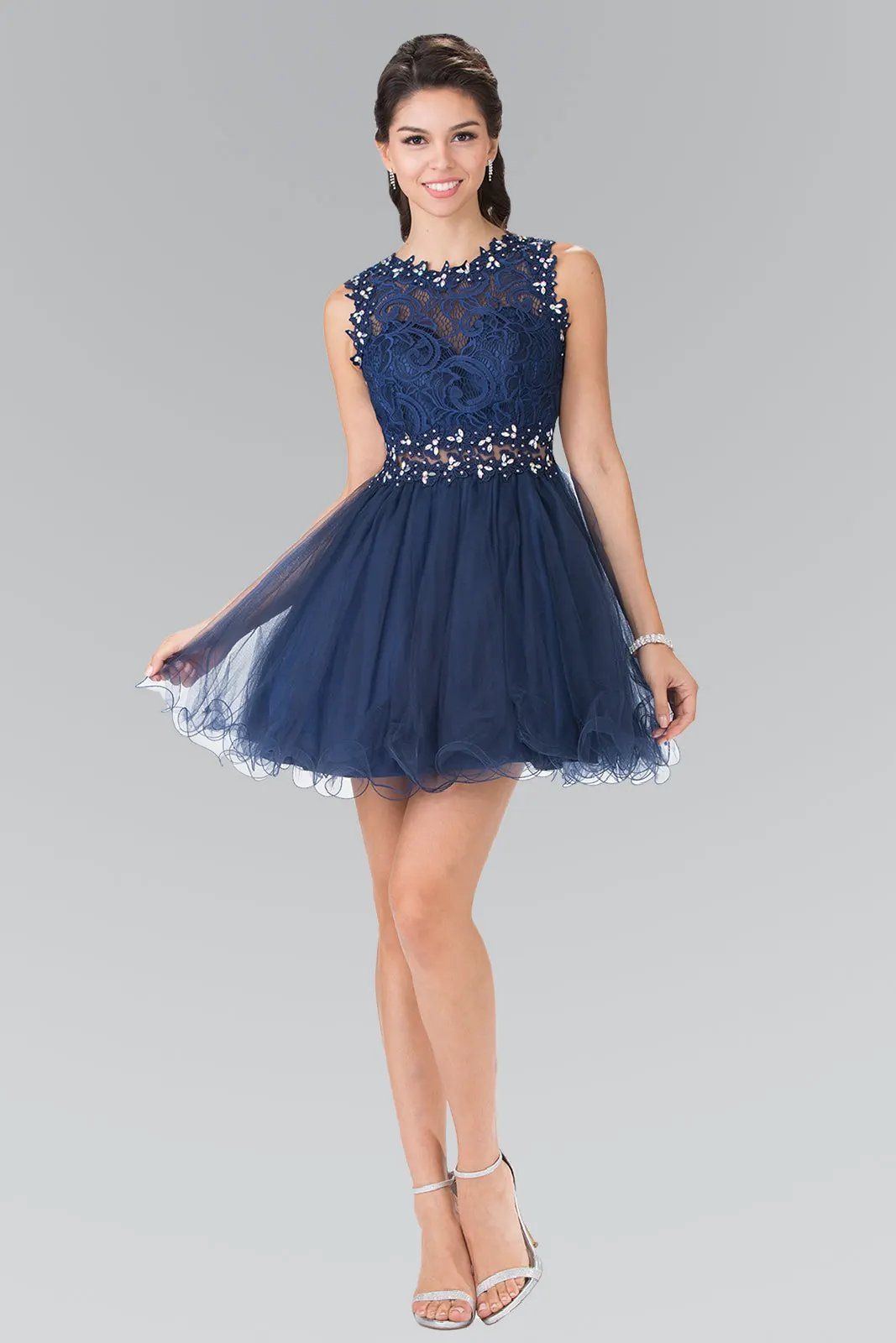 Sleeveless Short Dress with Lace Bodice and Sheer Waistline by Tux-USA