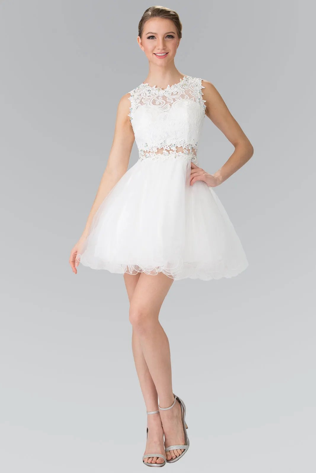 Sleeveless Short Dress with Lace Bodice and Sheer Waistline by Tux-USA