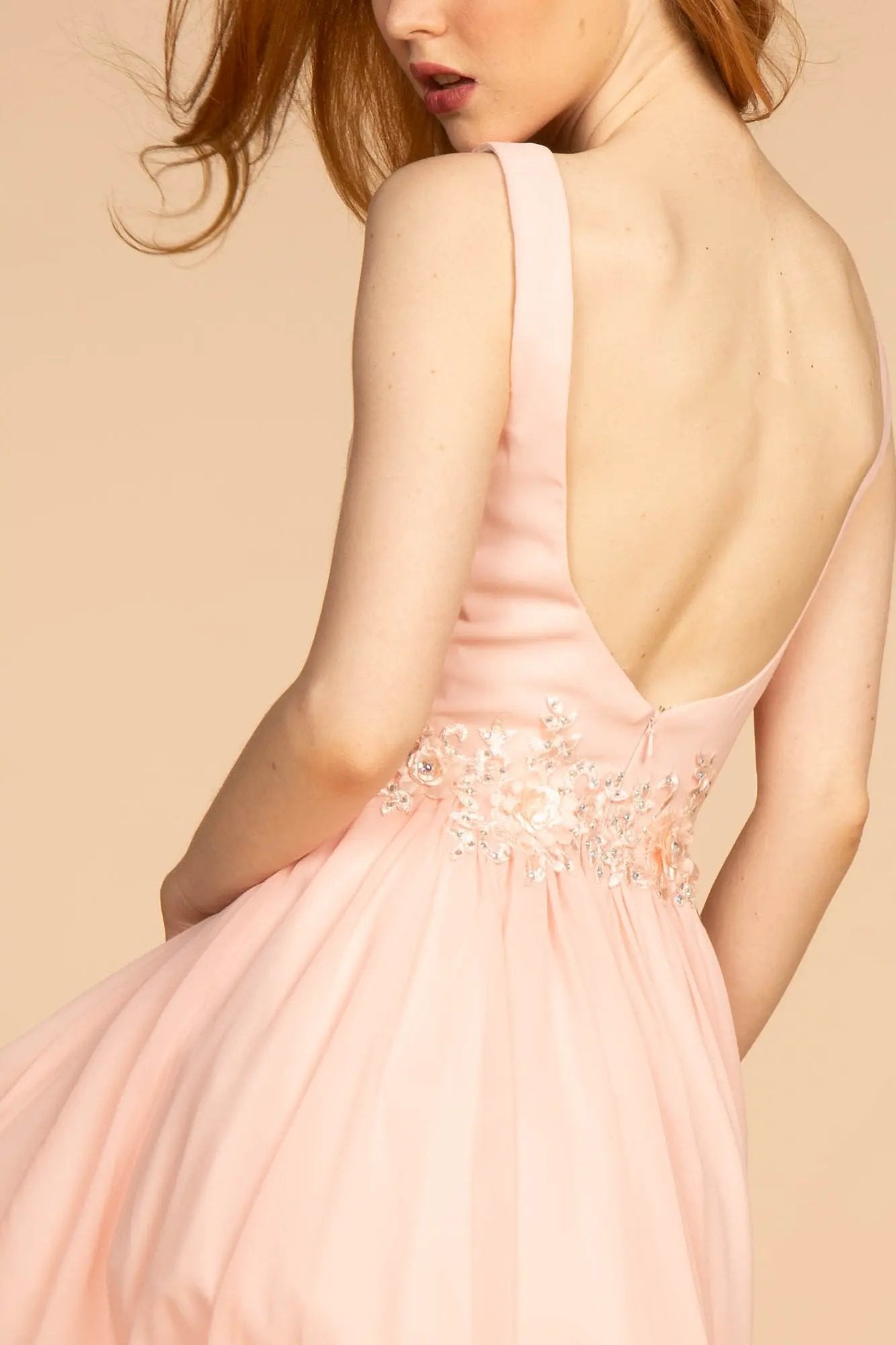 Jewel Embellished-Waist Illusion Deep V-Neck Chiffon Short Dress by Tux-USA
