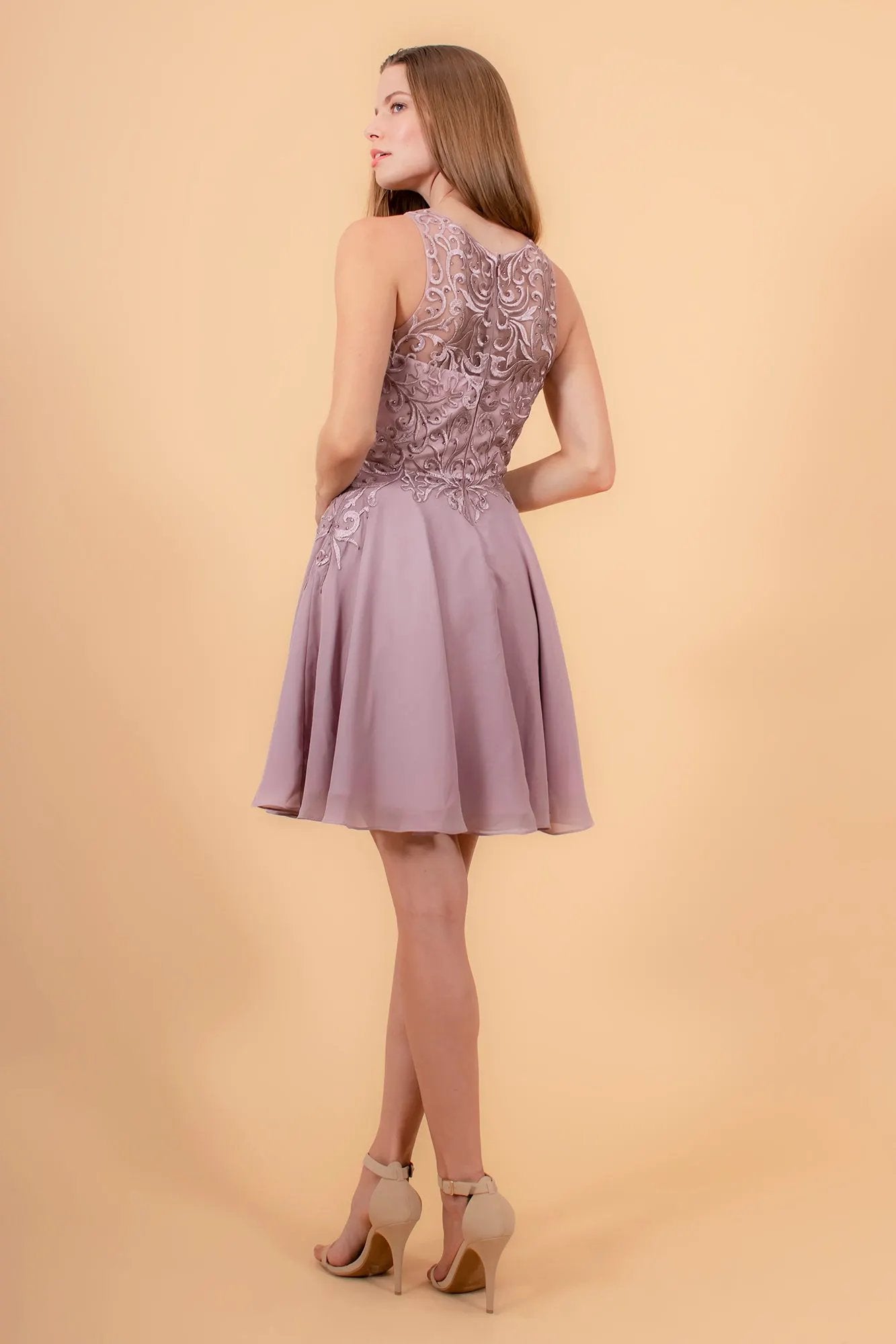 Embroidered Bodice Chiffon Short Dress by Tux-USA