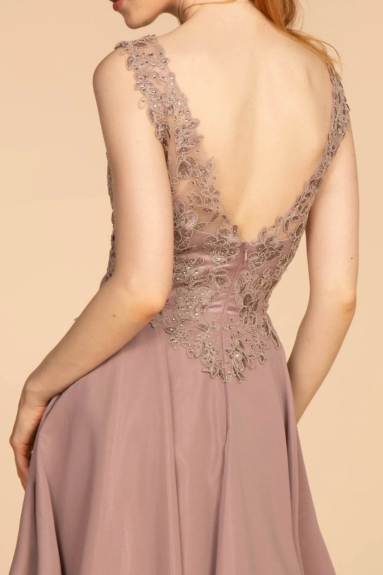 Embroidered Applique Bodice V-Neck Chiffon Short Dress by Tux-USA