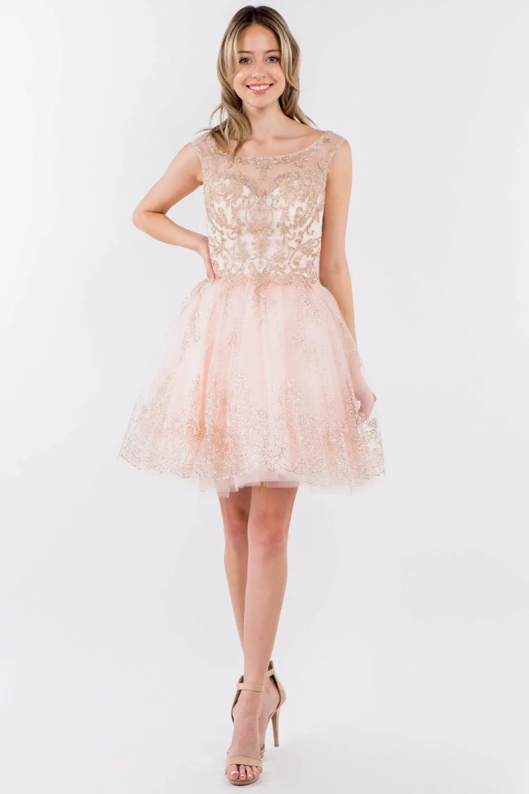Embroidery Embellished Bodice Glitter Pattern Mesh Skirt Short Dress by Tux-USA