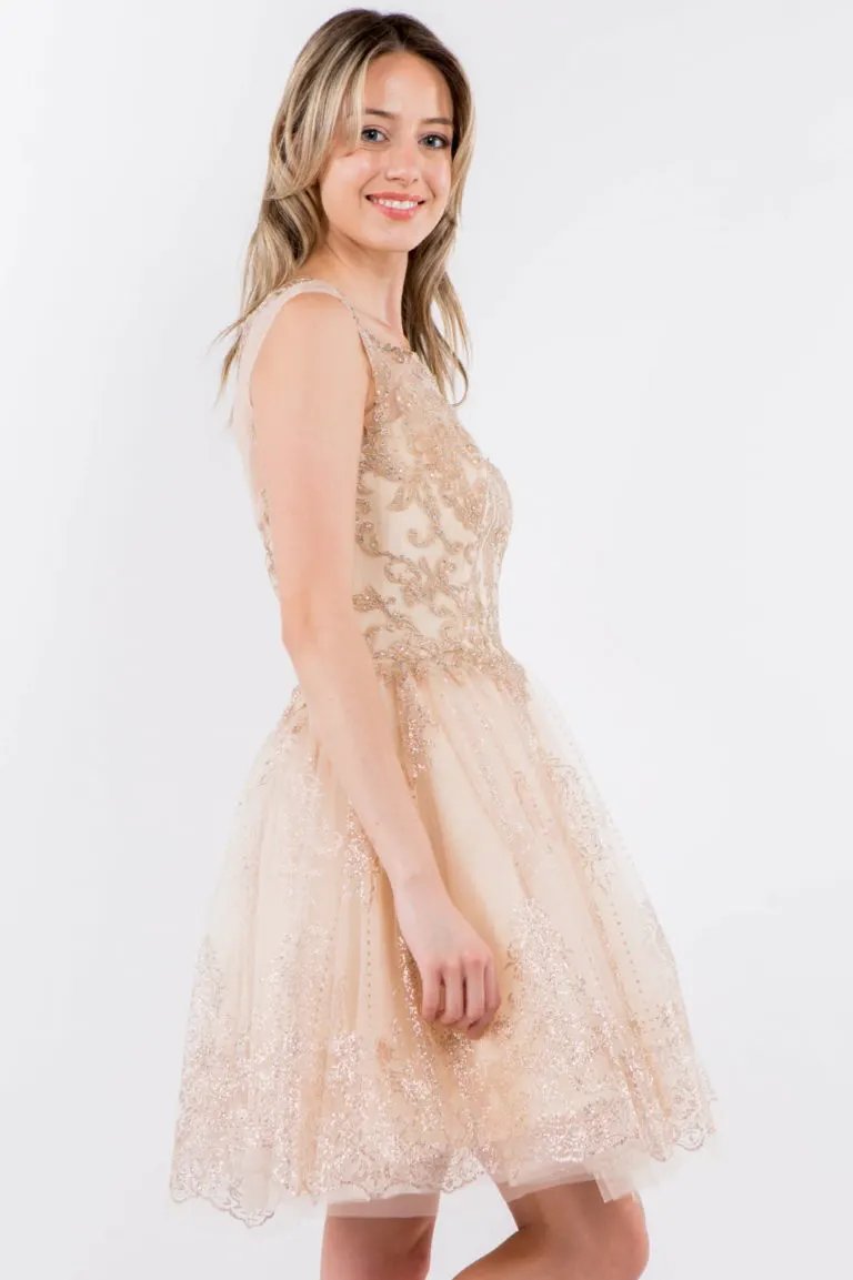 Embroidery Embellished Bodice Glitter Pattern Mesh Skirt Short Dress by Tux-USA
