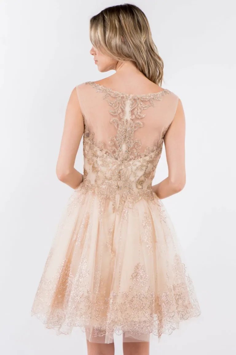 Embroidery Embellished Bodice Glitter Pattern Mesh Skirt Short Dress by Tux-USA