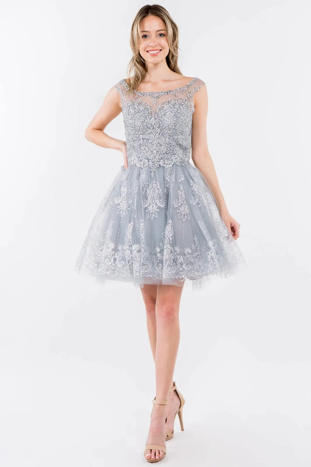 Embroidery Embellished Bodice Glitter Pattern Mesh Skirt Short Dress by Tux-USA
