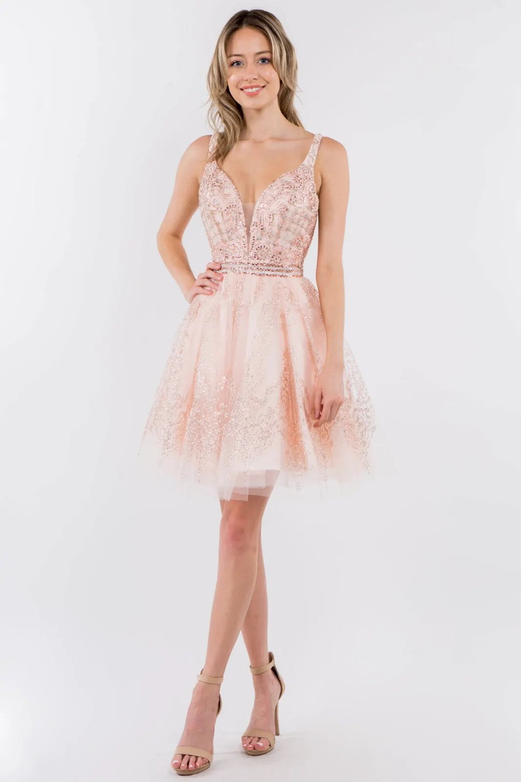 Jewel Accented Waistline Glitter Mesh V-Neck Short Dress by Tux-USA