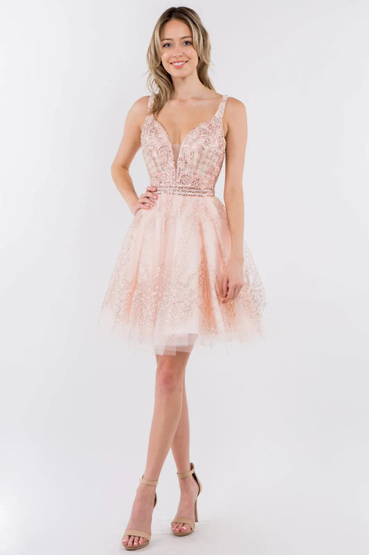 Jewel Accented Waistline Glitter Mesh V-Neck Short Dress by Tux-USA