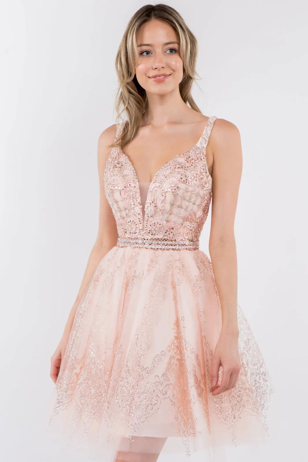 Jewel Accented Waistline Glitter Mesh V-Neck Short Dress by Tux-USA