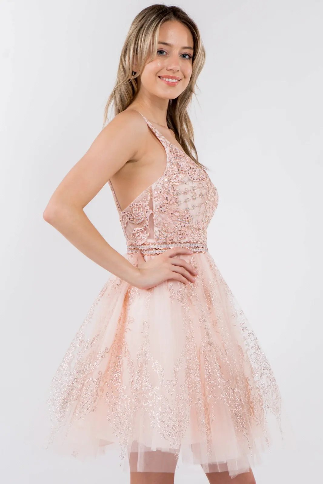Jewel Accented Waistline Glitter Mesh V-Neck Short Dress by Tux-USA