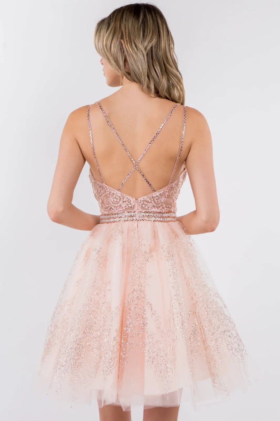 Jewel Accented Waistline Glitter Mesh V-Neck Short Dress by Tux-USA