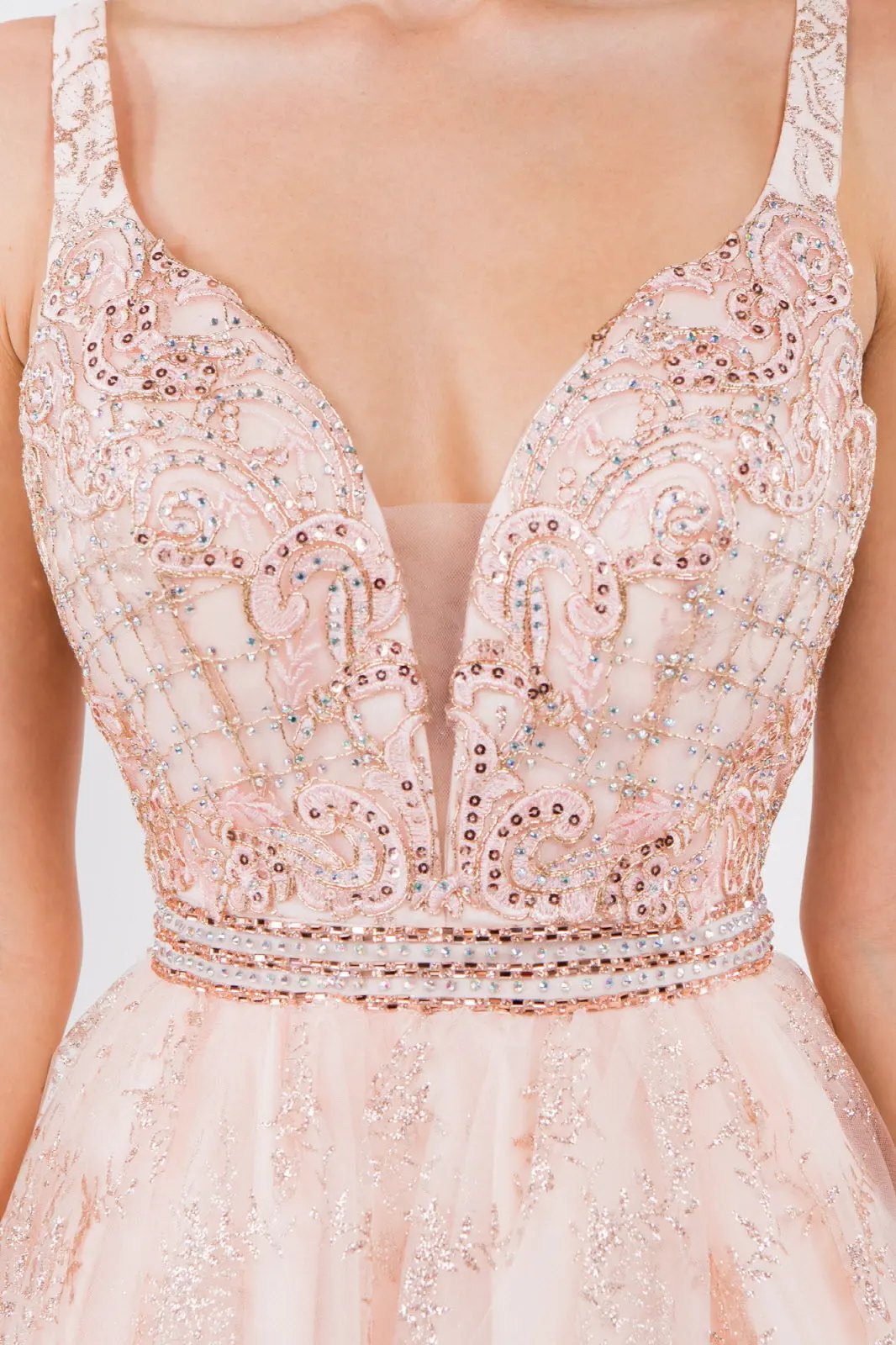 Jewel Accented Waistline Glitter Mesh V-Neck Short Dress by Tux-USA