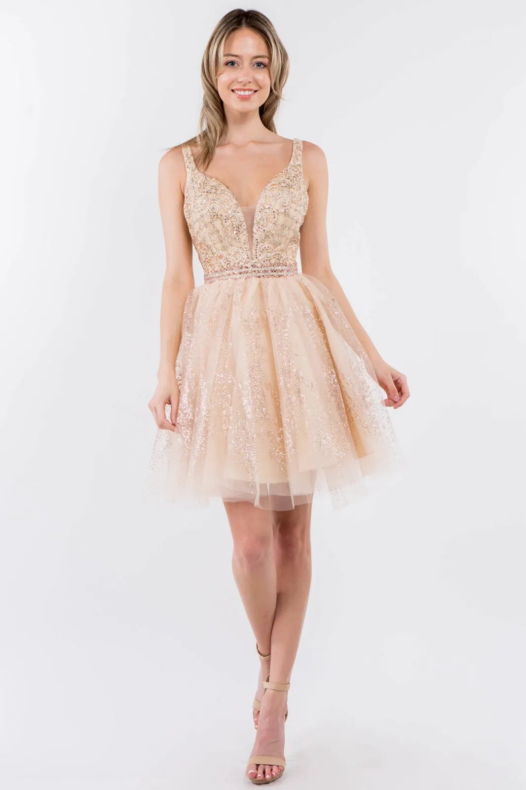 Jewel Accented Waistline Glitter Mesh V-Neck Short Dress by Tux-USA