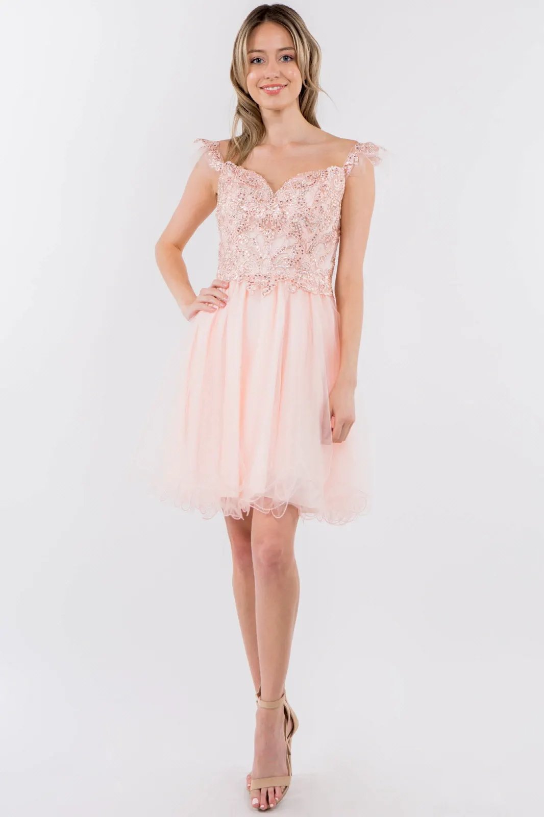 Cut-Away Shoulder Sweetheart Mesh Short Dress by Tux-USA