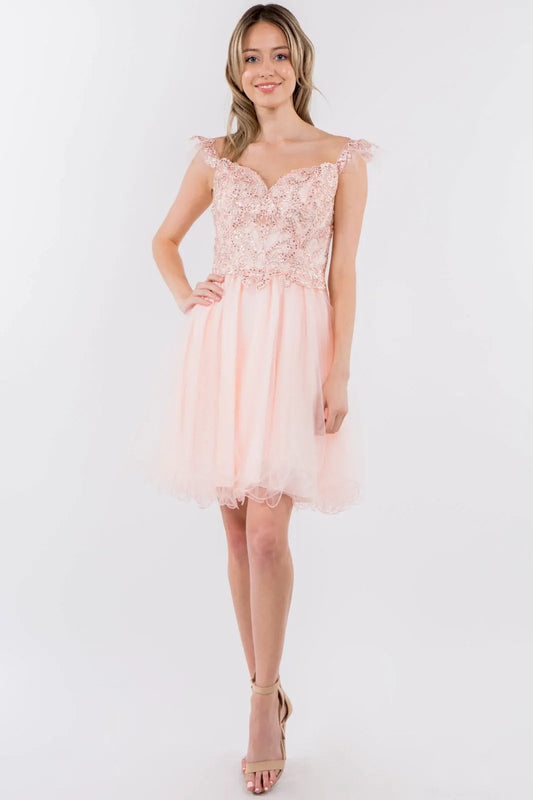 Cut-Away Shoulder Sweetheart Mesh Short Dress by Tux-USA