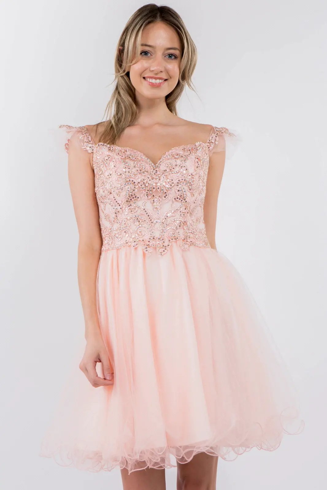 Cut-Away Shoulder Sweetheart Mesh Short Dress by Tux-USA
