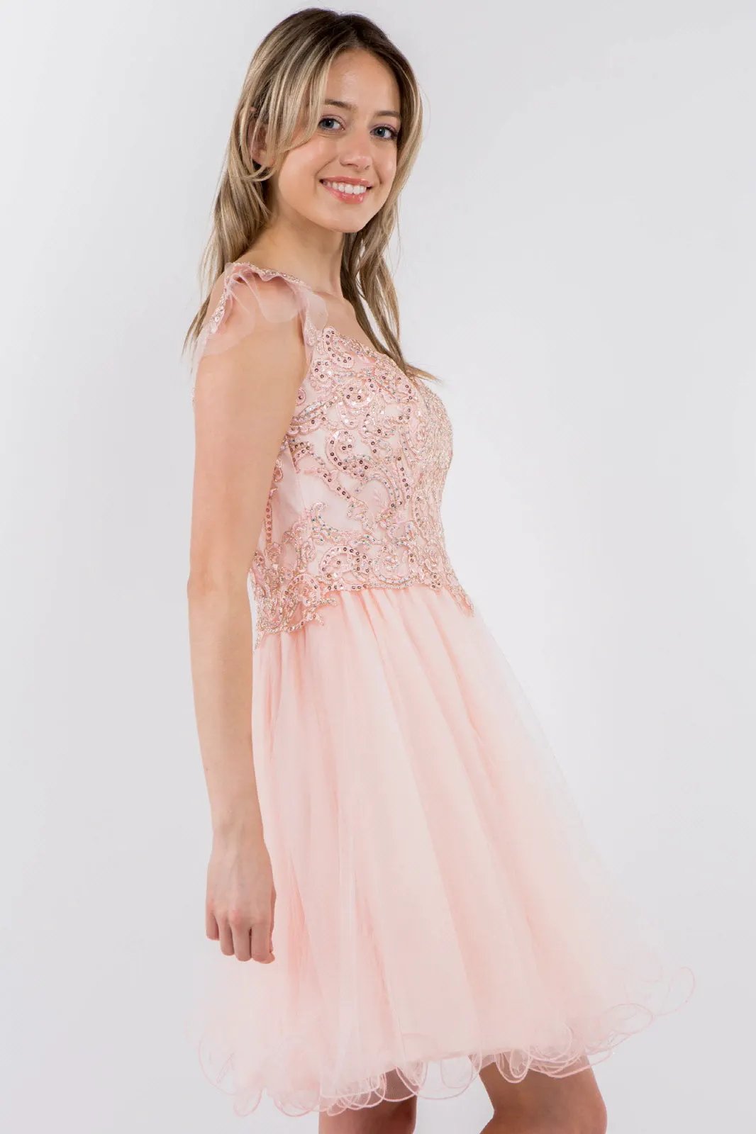 Cut-Away Shoulder Sweetheart Mesh Short Dress by Tux-USA