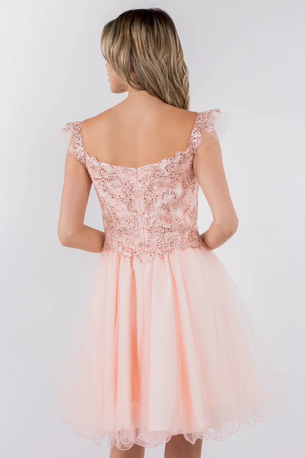Cut-Away Shoulder Sweetheart Mesh Short Dress by Tux-USA