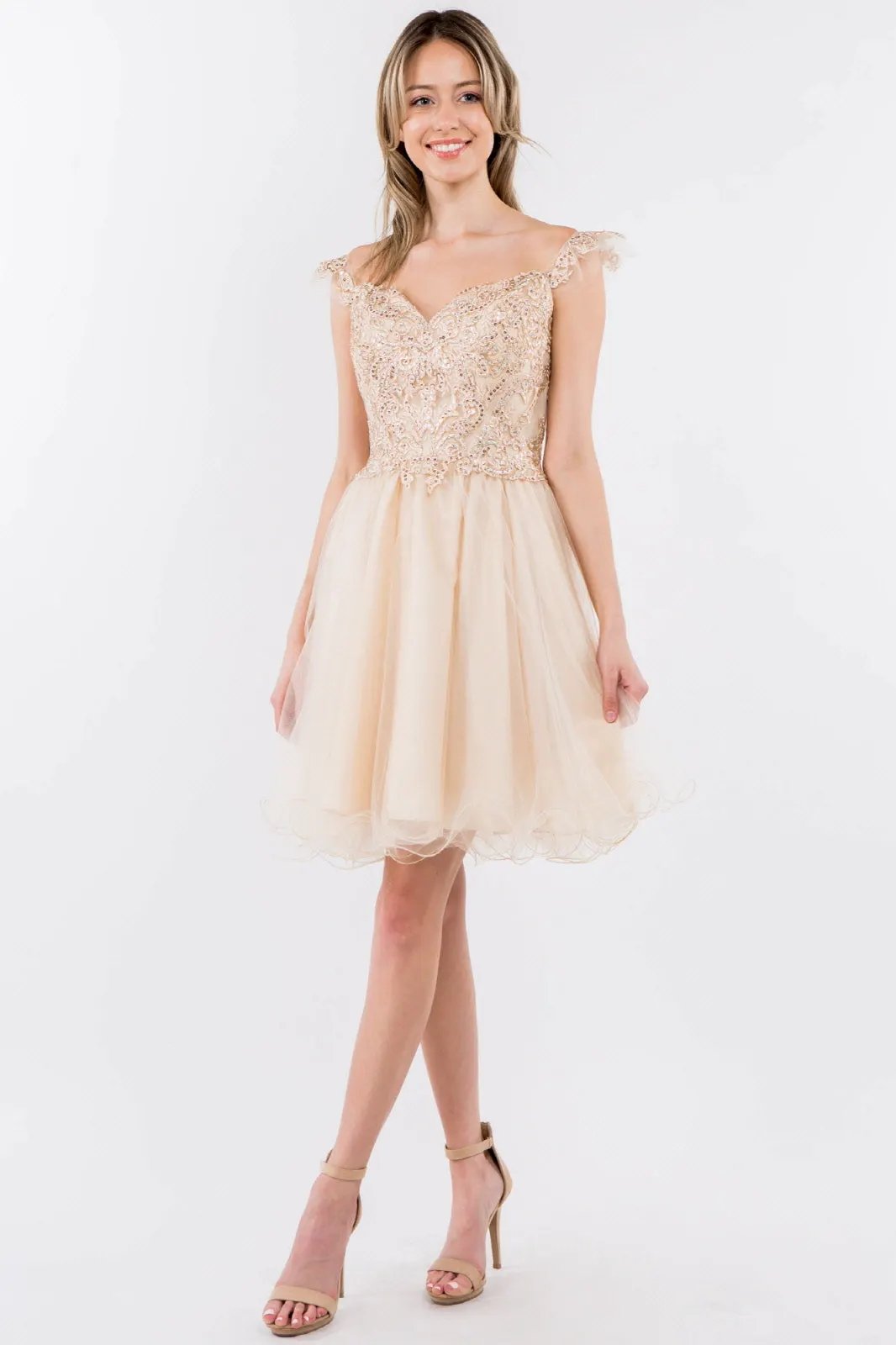 Cut-Away Shoulder Sweetheart Mesh Short Dress by Tux-USA