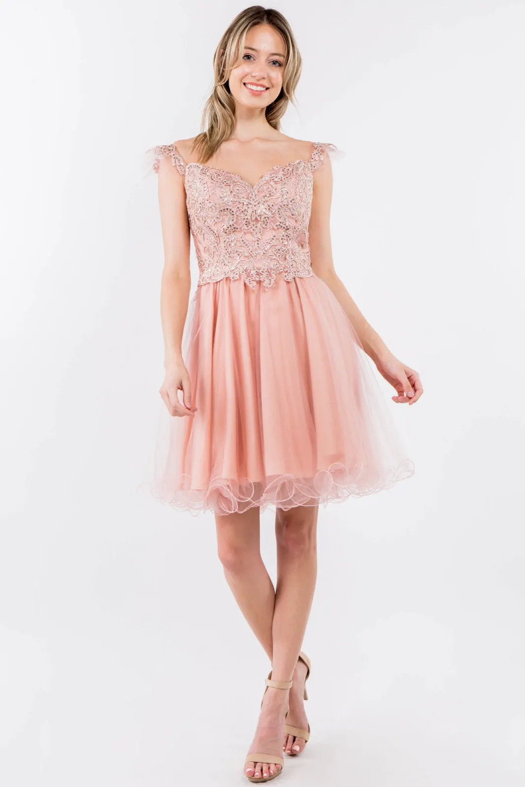 Cut-Away Shoulder Sweetheart Mesh Short Dress by Tux-USA
