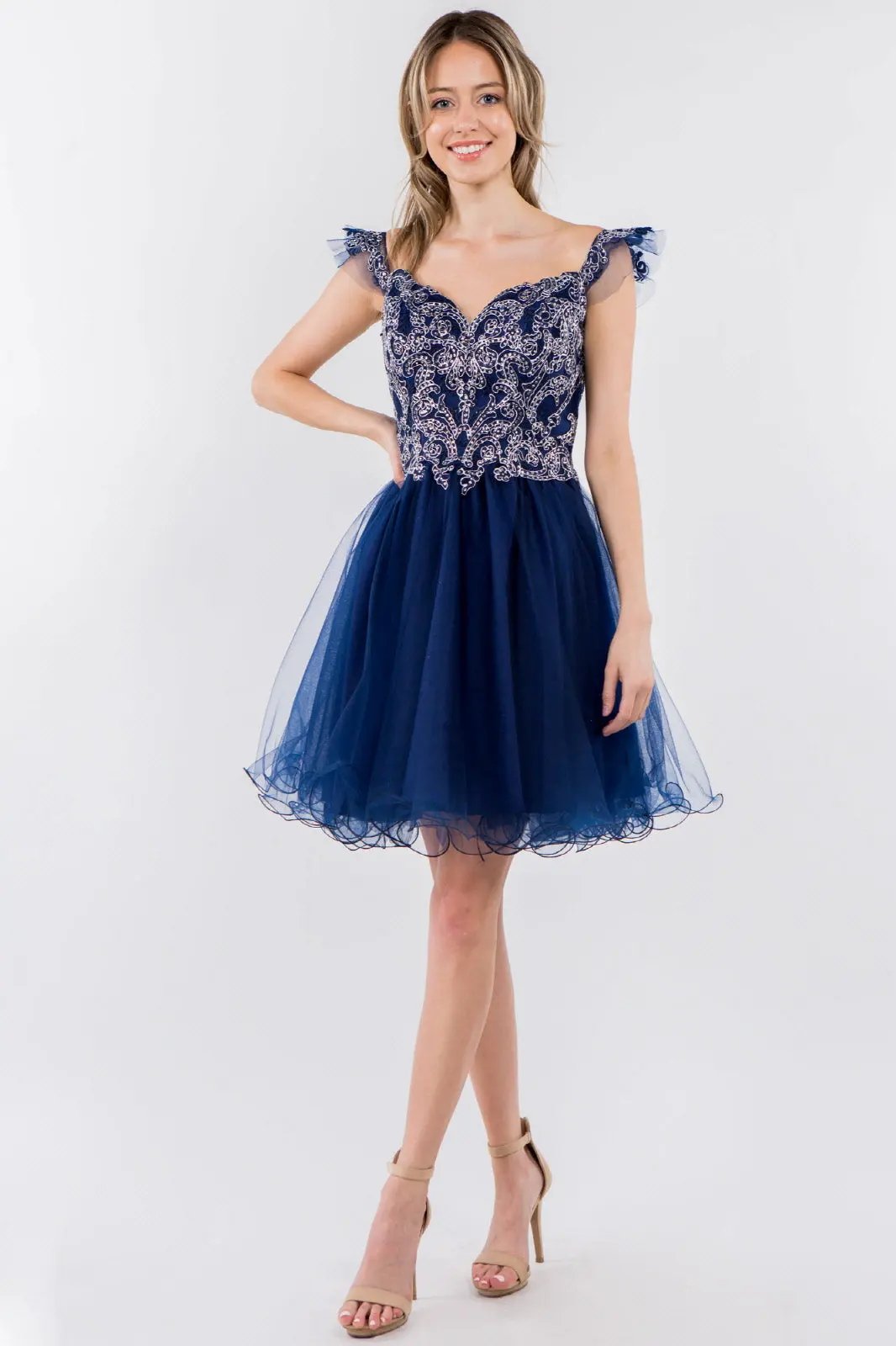 Cut-Away Shoulder Sweetheart Mesh Short Dress by Tux-USA
