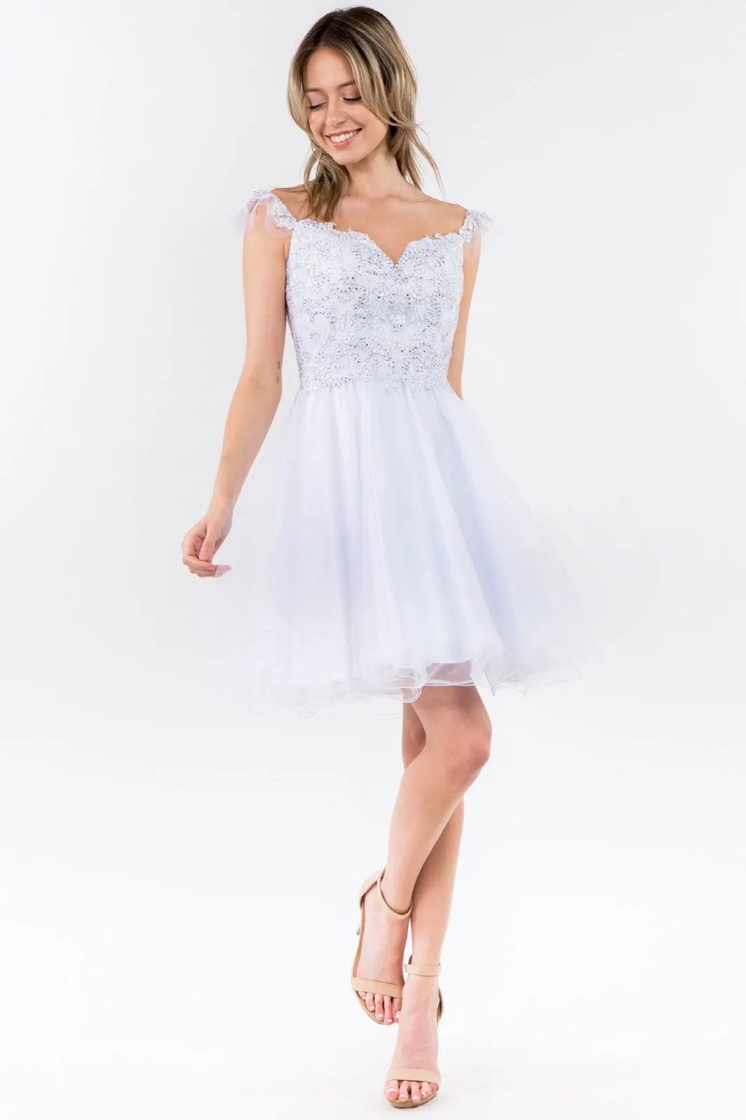 Cut-Away Shoulder Sweetheart Mesh Short Dress by Tux-USA