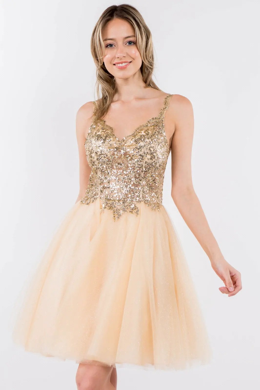 Sequin and Glitter Embellished Sheer Bodice V-Neck Short Dress by Tux-USA