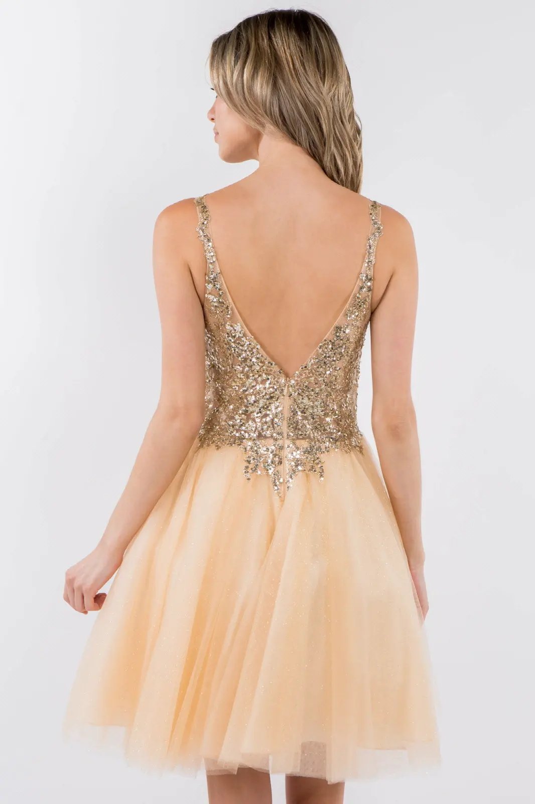 Sequin and Glitter Embellished Sheer Bodice V-Neck Short Dress by Tux-USA