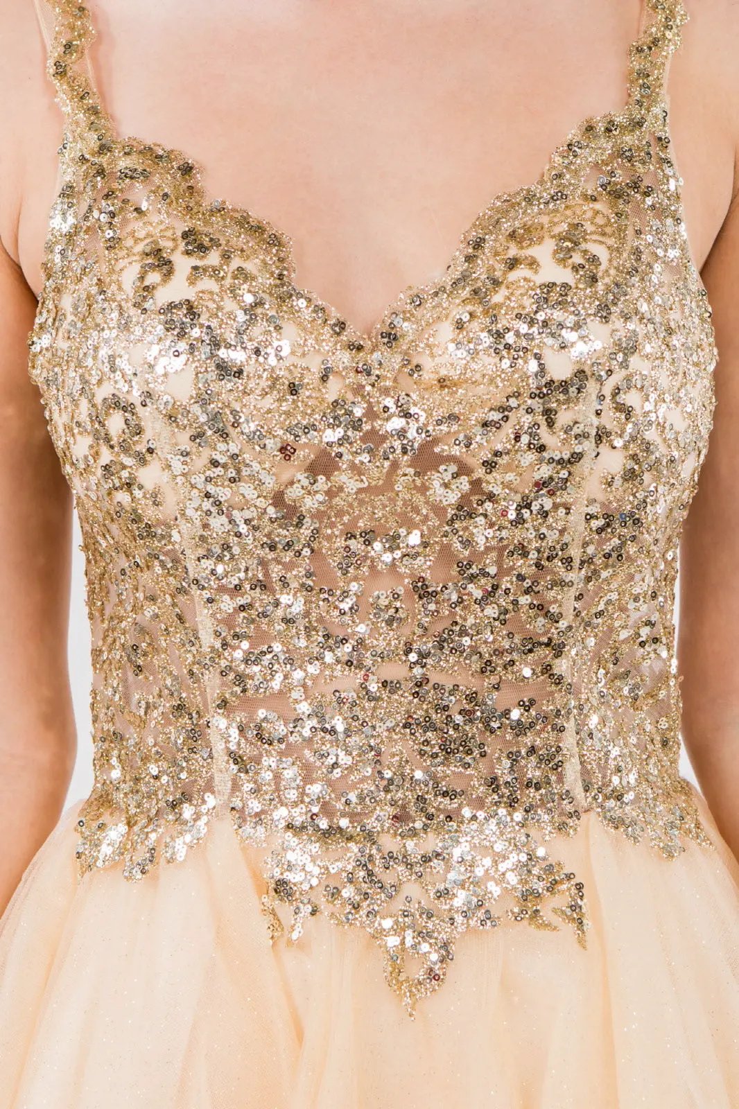Sequin and Glitter Embellished Sheer Bodice V-Neck Short Dress by Tux-USA