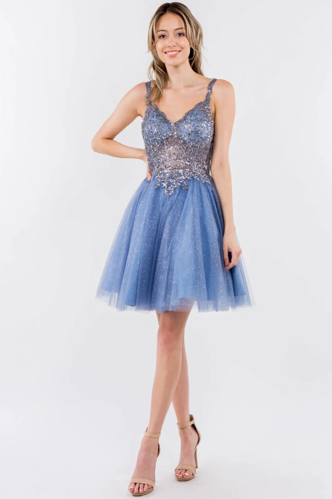 Sequin and Glitter Embellished Sheer Bodice V-Neck Short Dress by Tux-USA