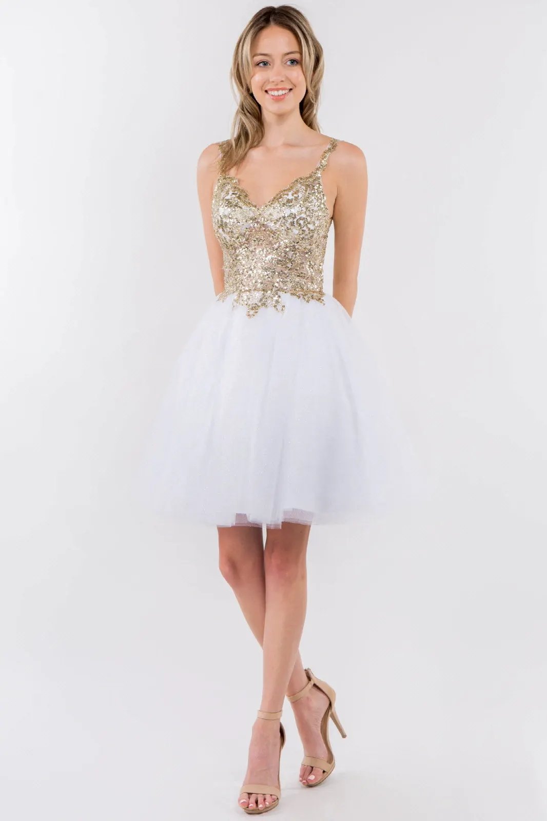 Sequin and Glitter Embellished Sheer Bodice V-Neck Short Dress by Tux-USA