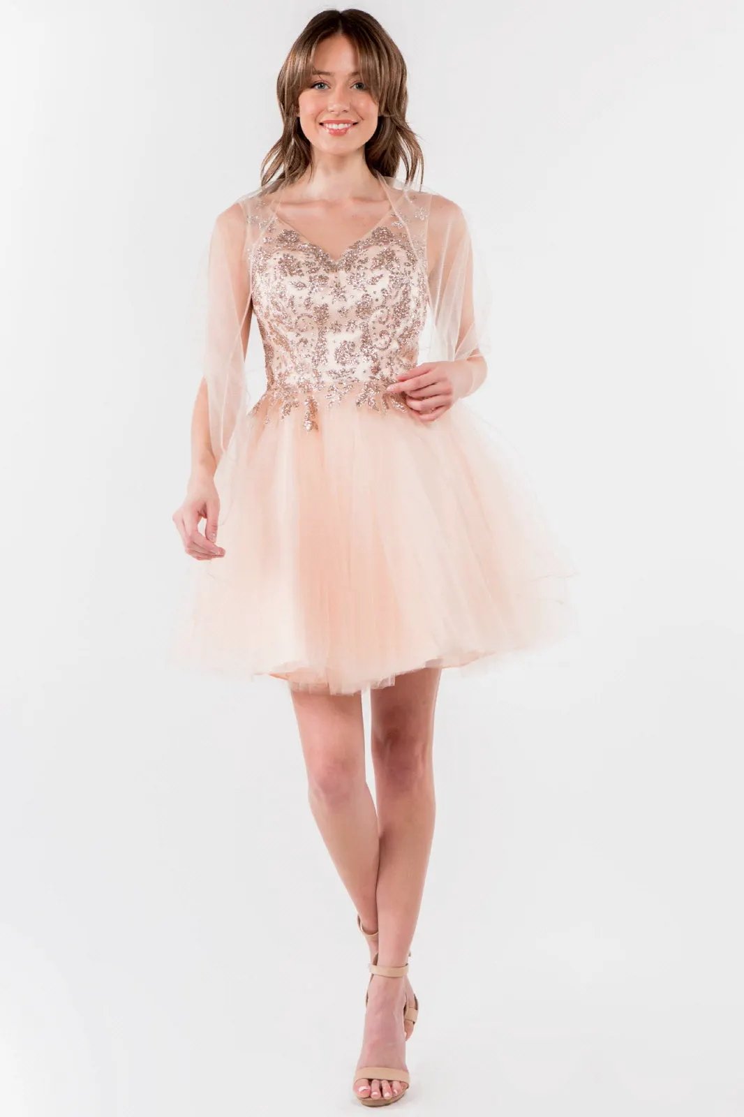 Glitter Embellished Bodice V-Neck Tulle Short Dress by Tux-USA