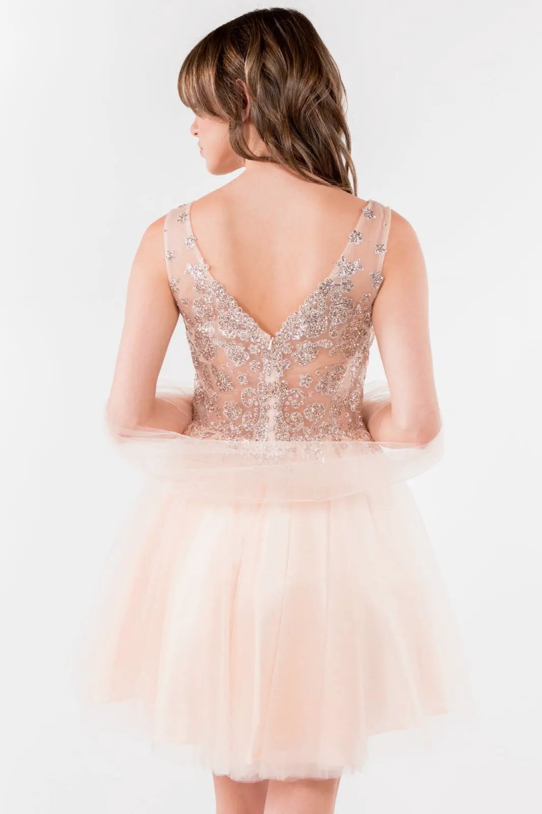 Glitter Embellished Bodice V-Neck Tulle Short Dress by Tux-USA