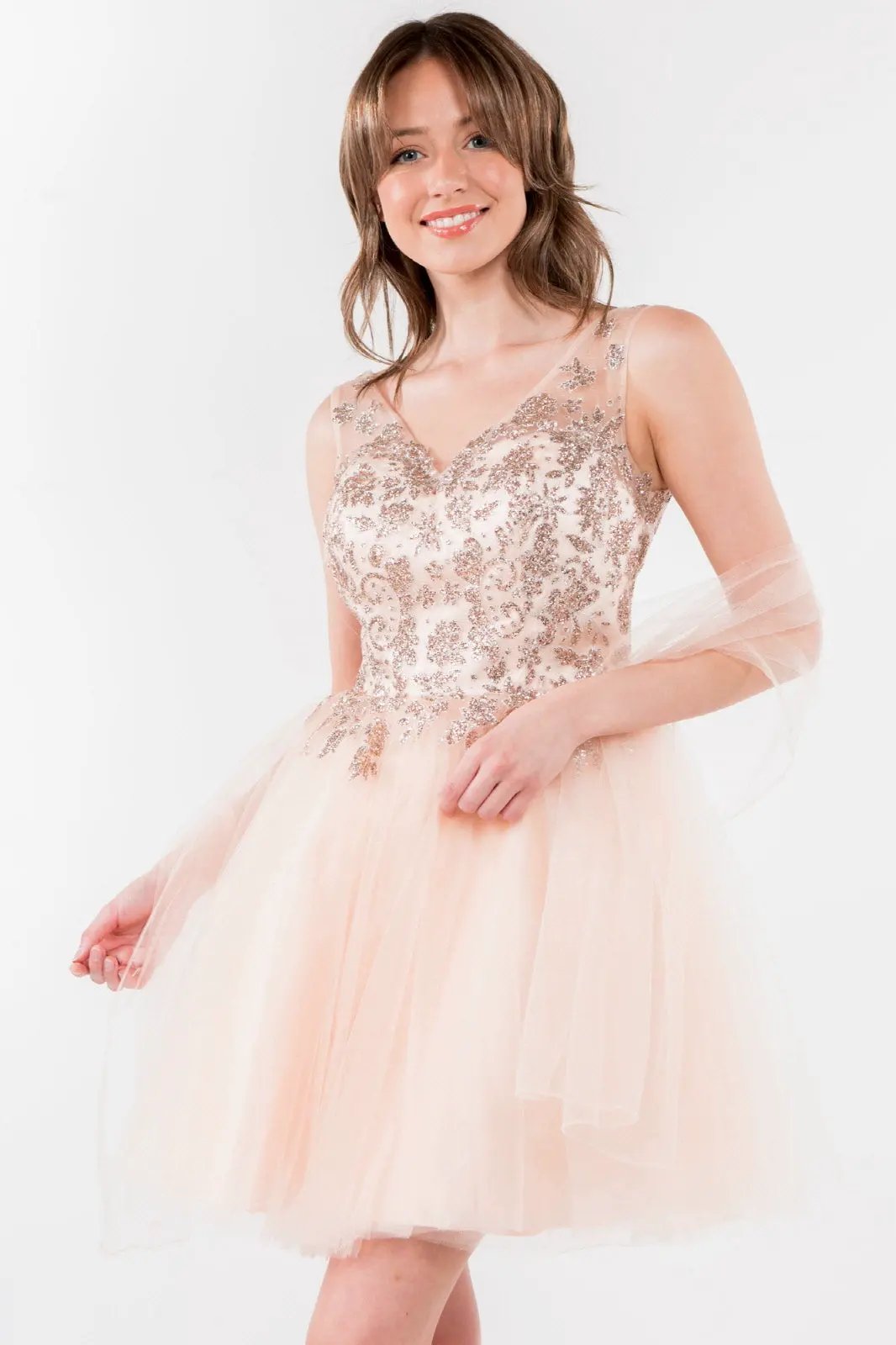 Glitter Embellished Bodice V-Neck Tulle Short Dress by Tux-USA
