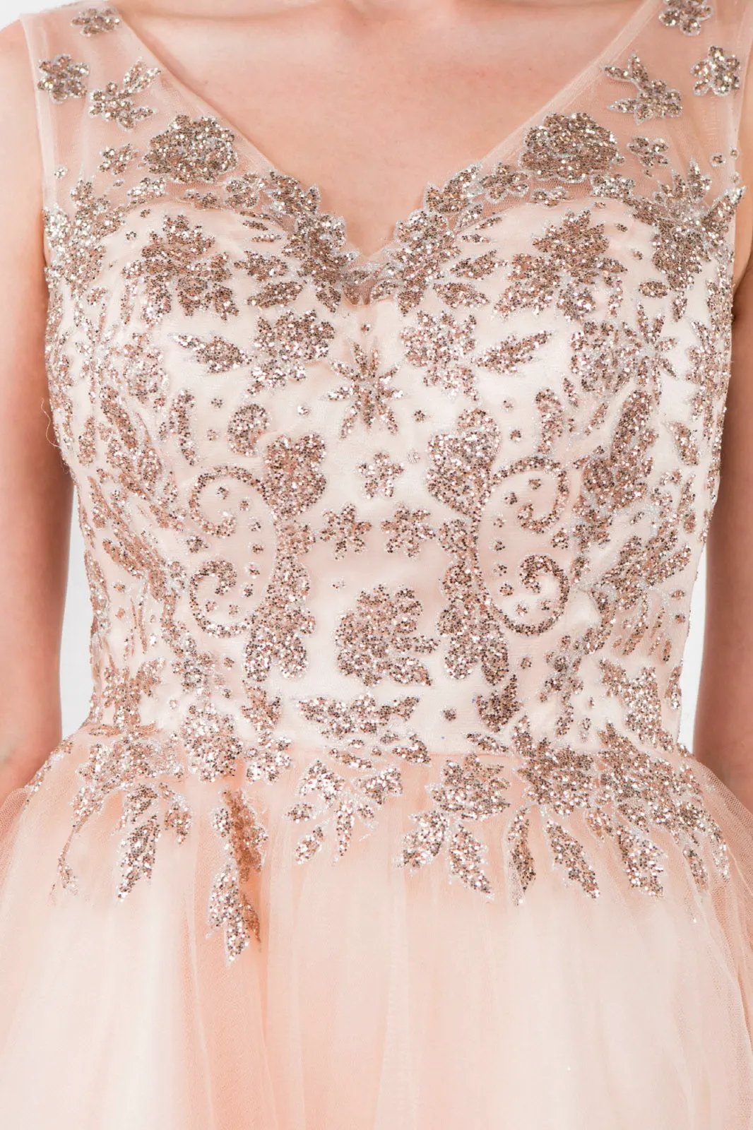 Glitter Embellished Bodice V-Neck Tulle Short Dress by Tux-USA