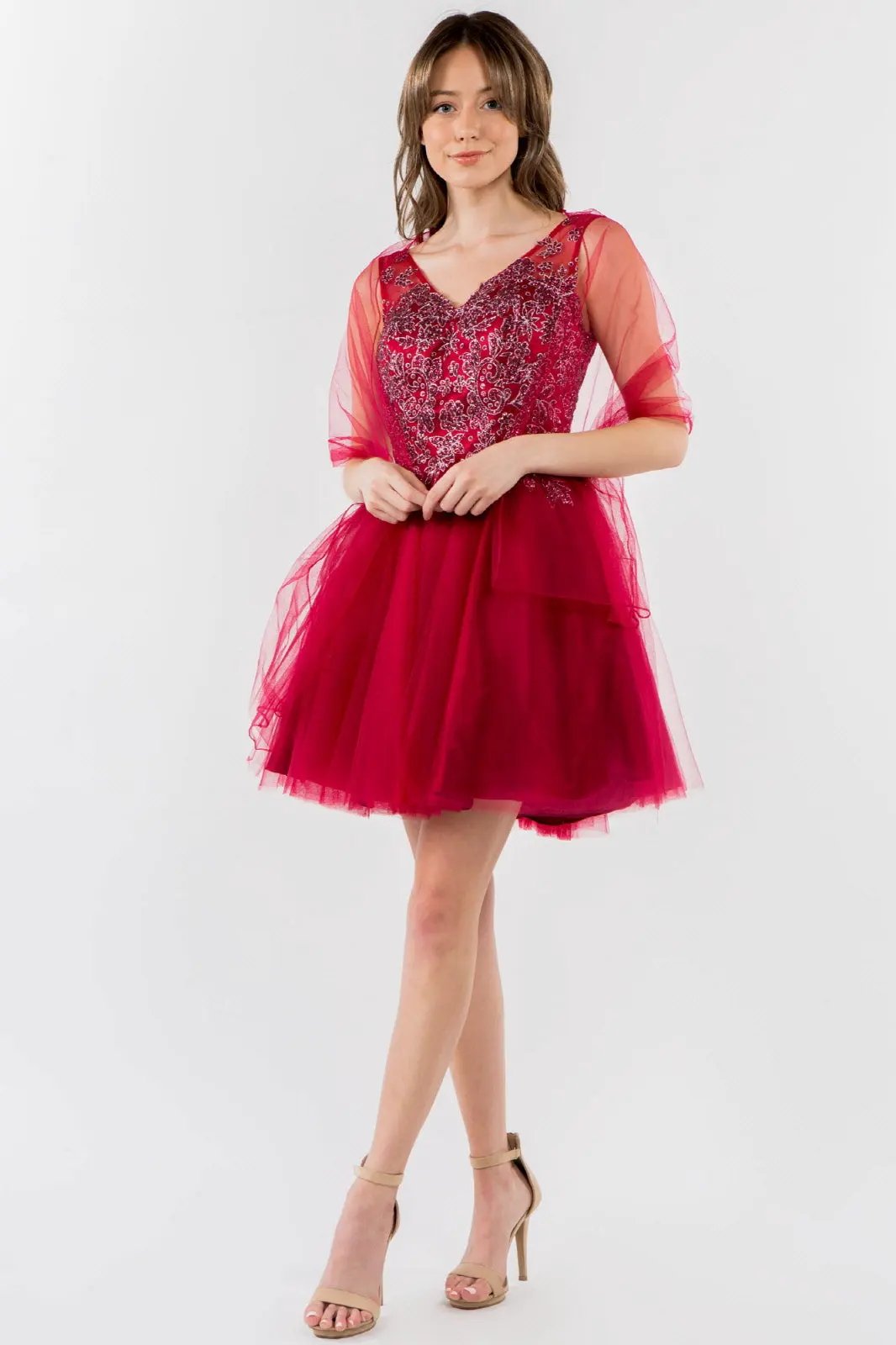 Glitter Embellished Bodice V-Neck Tulle Short Dress by Tux-USA
