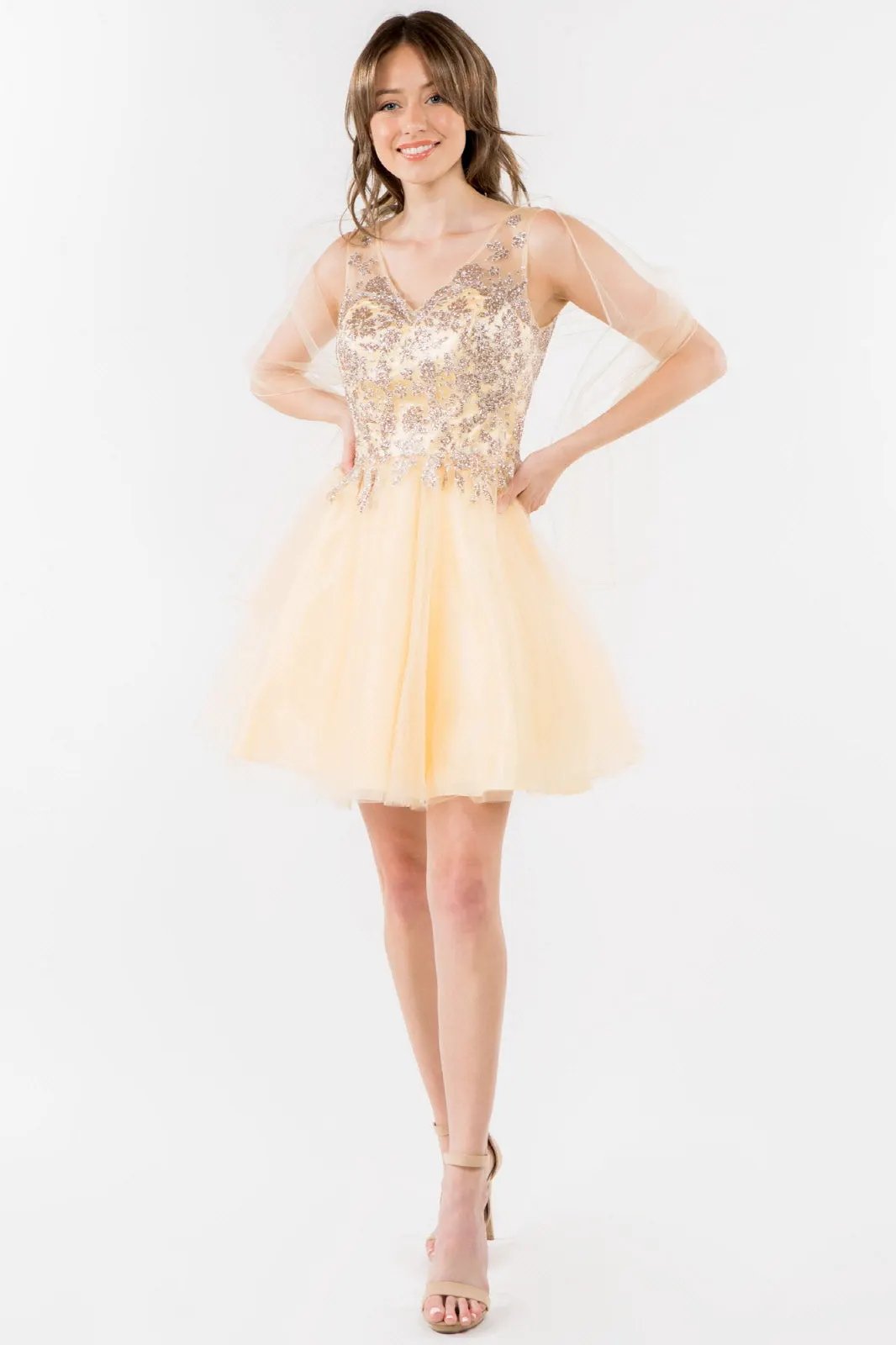 Glitter Embellished Bodice V-Neck Tulle Short Dress by Tux-USA