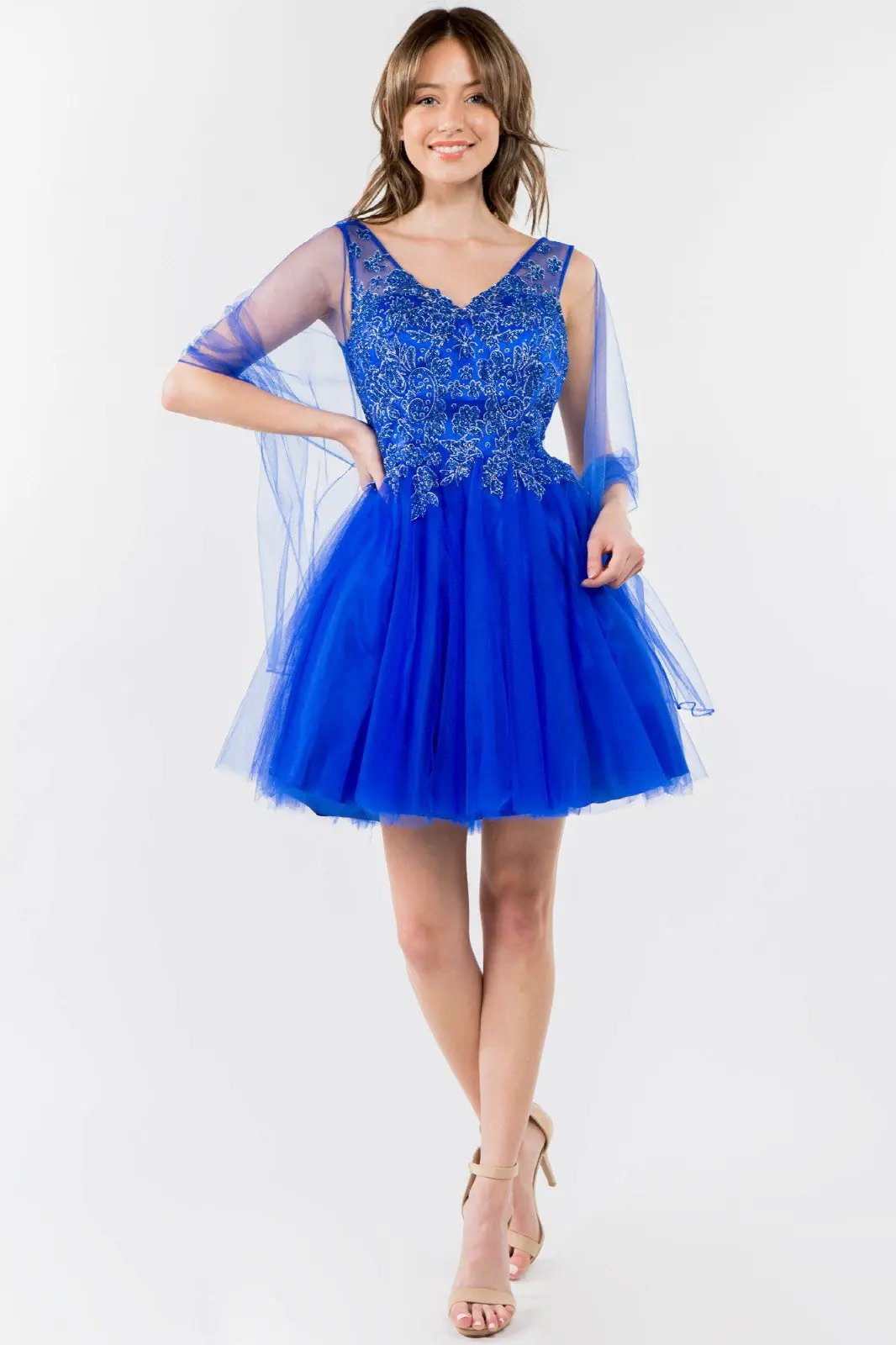 Glitter Embellished Bodice V-Neck Tulle Short Dress by Tux-USA