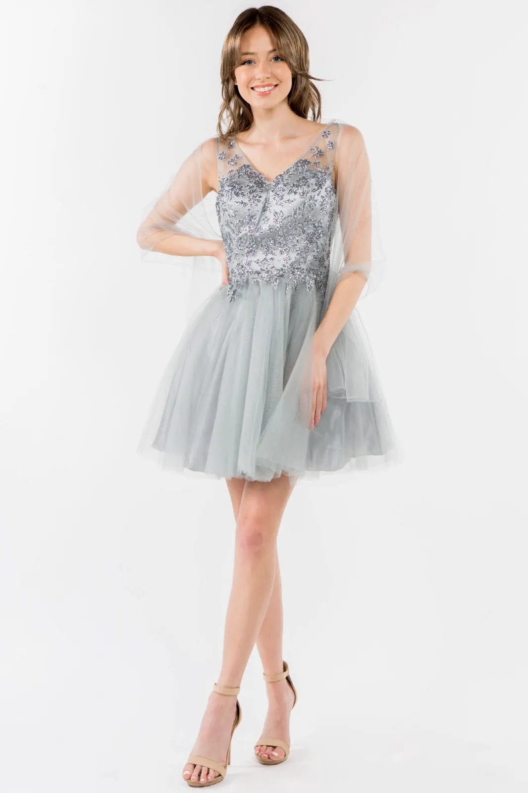 Glitter Embellished Bodice V-Neck Tulle Short Dress by Tux-USA