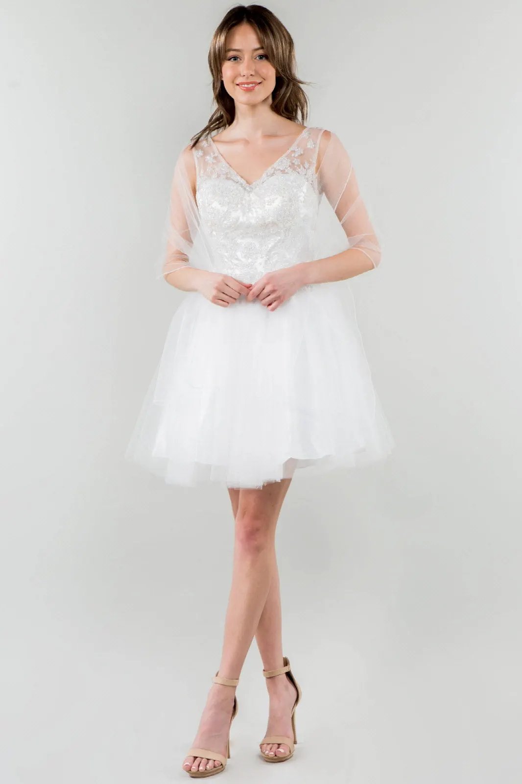 Glitter Embellished Bodice V-Neck Tulle Short Dress by Tux-USA