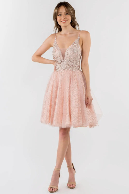 Sheer Bodice V-Neck Glitter Mesh Homecoming Dress by Tux-USA