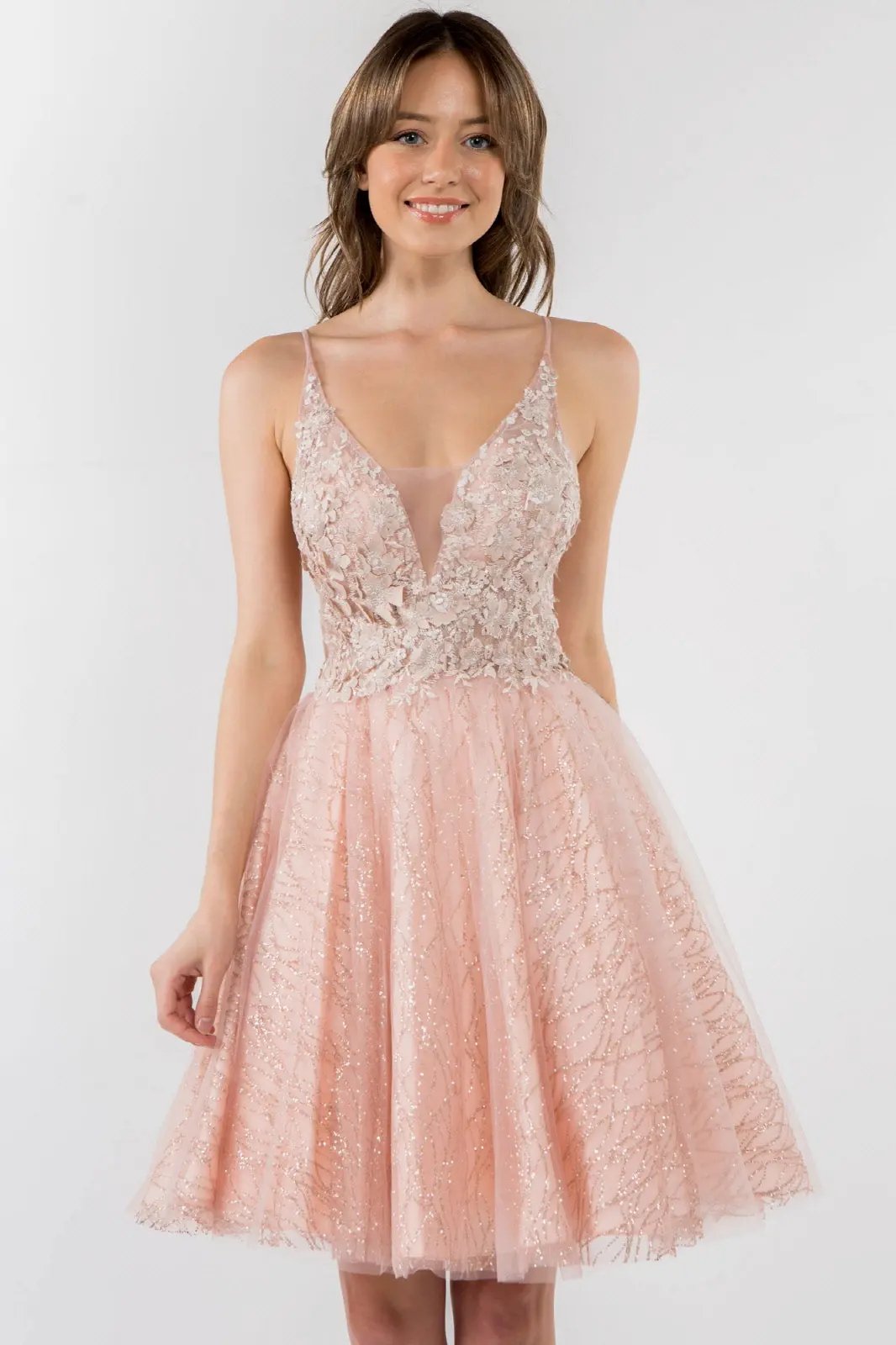 Sheer Bodice V-Neck Glitter Mesh Homecoming Dress by Tux-USA