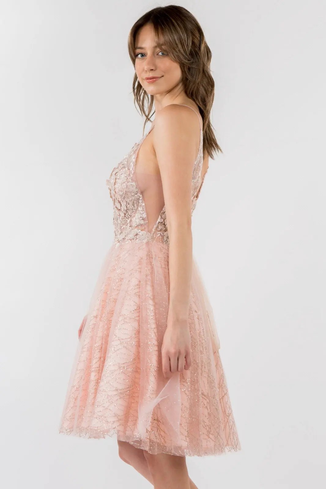 Sheer Bodice V-Neck Glitter Mesh Homecoming Dress by Tux-USA