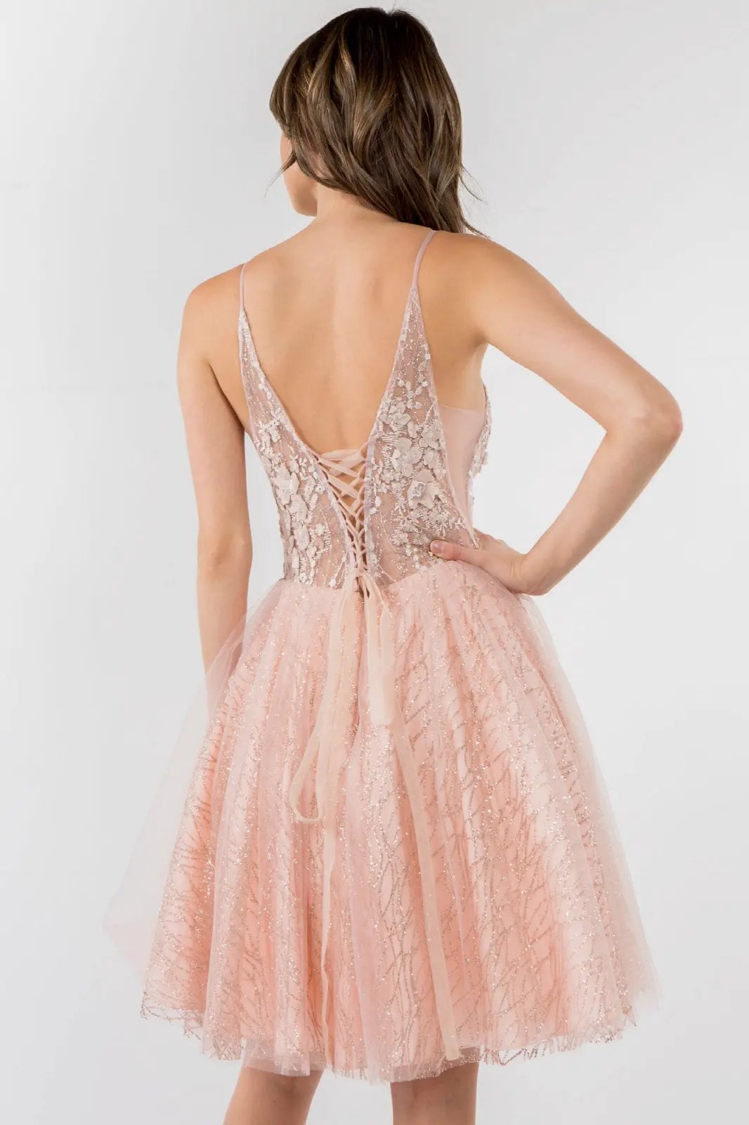 Sheer Bodice V-Neck Glitter Mesh Homecoming Dress by Tux-USA