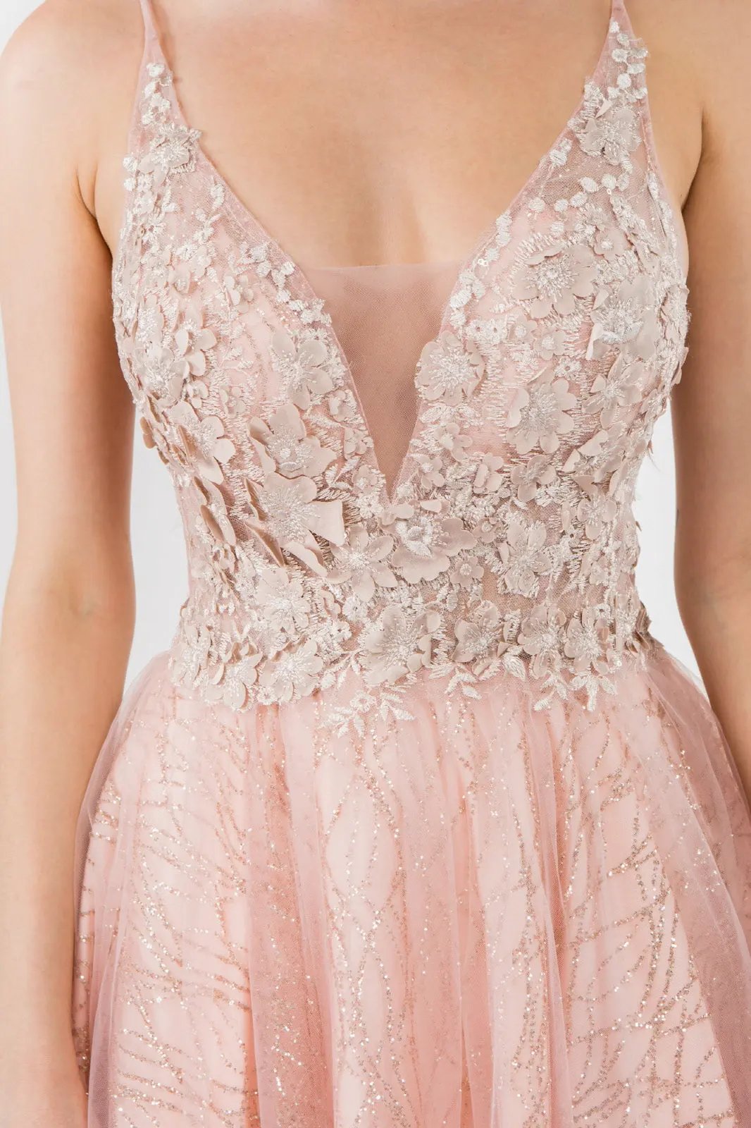 Sheer Bodice V-Neck Glitter Mesh Homecoming Dress by Tux-USA