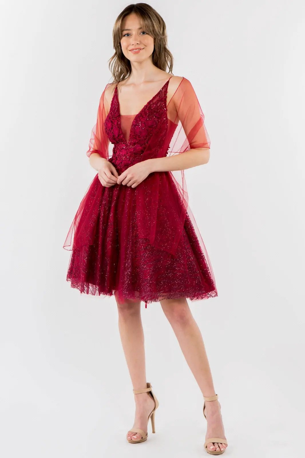 Sheer Bodice V-Neck Glitter Mesh Homecoming Dress by Tux-USA
