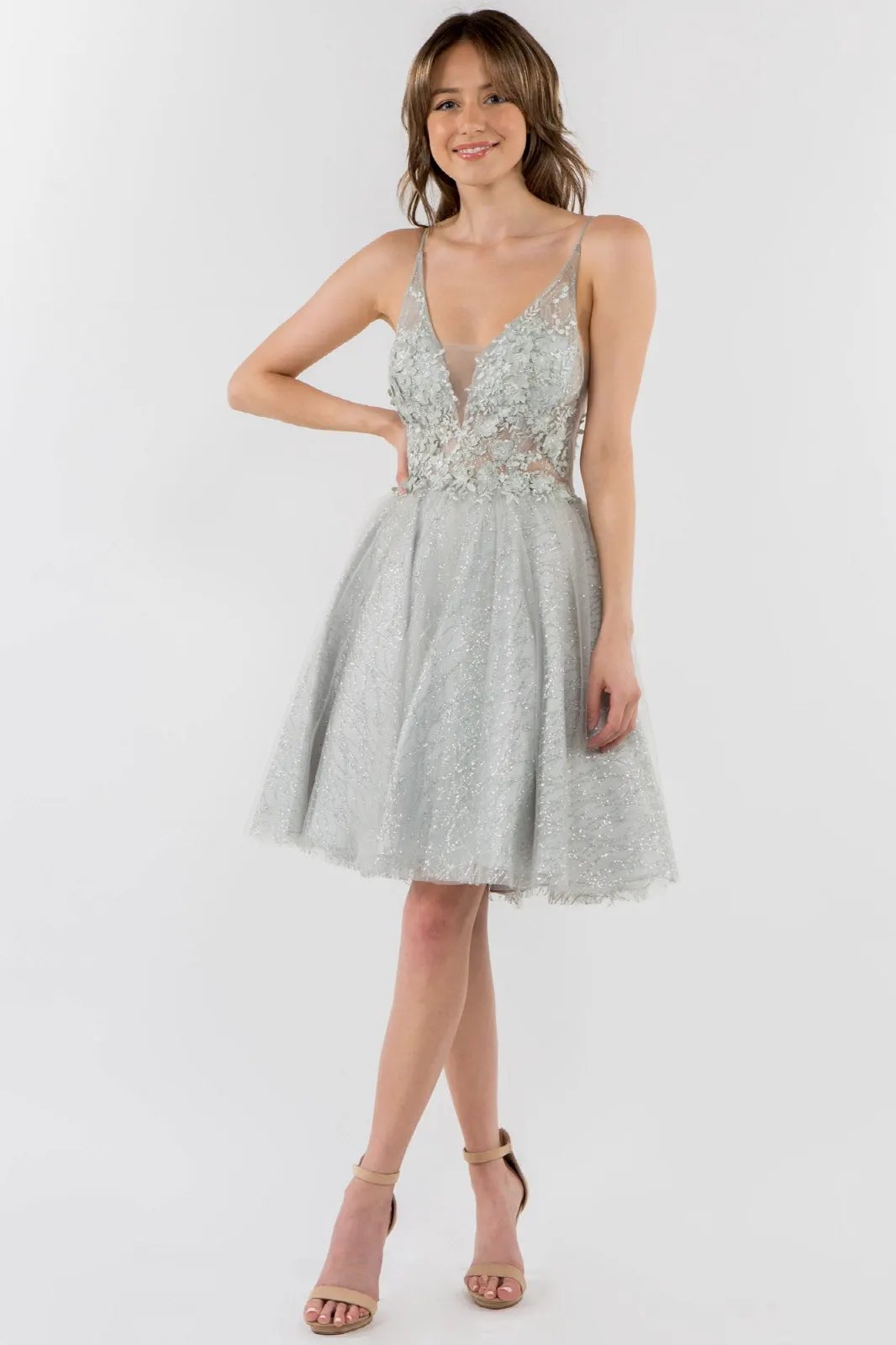 Sheer Bodice V-Neck Glitter Mesh Homecoming Dress by Tux-USA