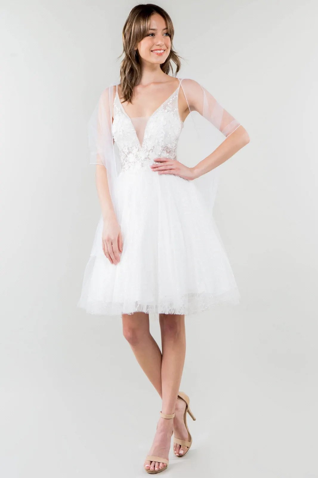 Sheer Bodice V-Neck Glitter Mesh Homecoming Dress by Tux-USA